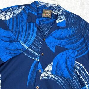 VTG Caribelle Batik Hawaiian Camp Shirt Mens Blue Abstract Art Tropical Aloha